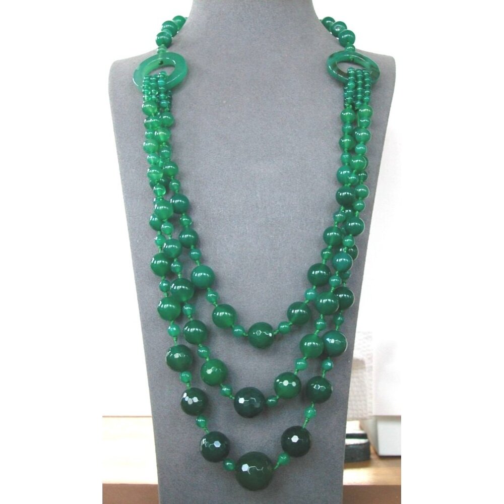 Green 3-Strand Glass Necklace/ Faceted Large Round Beads 28"
